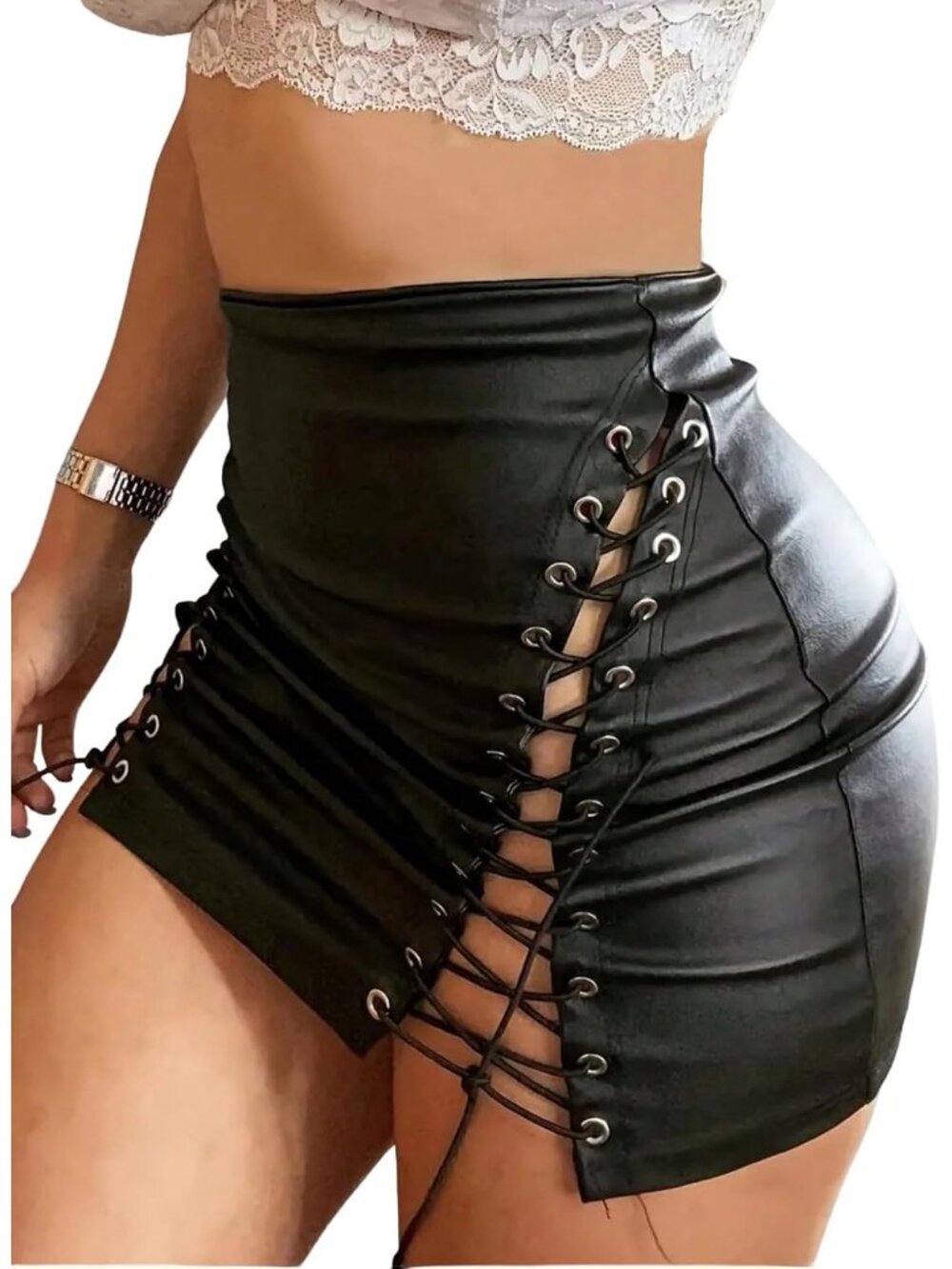Women's PU Faux Leather Lace Up Side High Waist Bodycon Black Mini Skirt